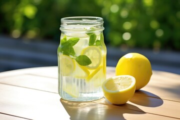 glass jar of chilled lemonade under the sunlight, ice cubes visible