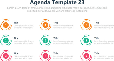 Agenda infographics template, Agenda templates, presentation agenda. Vector template design. Editable template of presentation slide representing company agenda, 