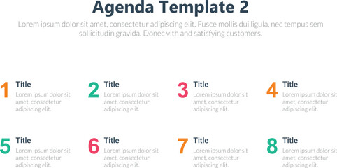 Agenda infographics template, Agenda templates, presentation agenda. Vector template design. Editable template of presentation slide representing company agenda, 