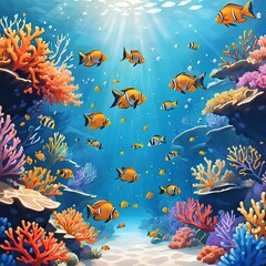 Fototapeta na wymiar The beauty of a vibrant underwater world with a school of colorful fish swimming among coral. Illustration.