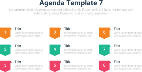 Agenda infographics template, Agenda templates, presentation agenda. Vector template design. Editable template of presentation slide representing company agenda, 