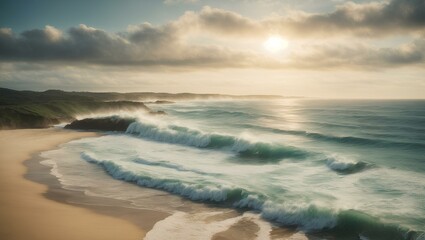A picturesque seascape with rolling ocean waves crashing onto a sandy beach. Illustration.