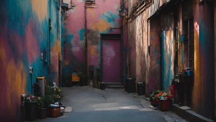 Obraz premium A vibrant and dynamic urban art mural in a narrow alleyway. Illustration.