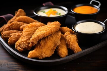 fried chicken strips on a black plate with dips on side