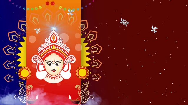 Durga Animation with Flowers and Drummers in Blue Red Background