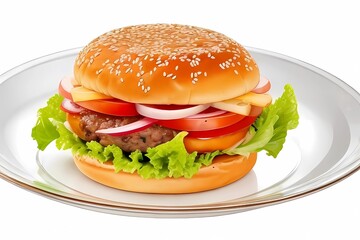 Delectable cheeseburger presented on a flat, white plate, set against a transparent background, exuding freshness and irresistible flavor.