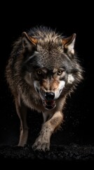 Close-up portrait of a wolf on a black background in studio