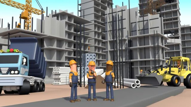 3D Civil Engineers Team and Contractor Inspecting the Building Construction Site. Earth Mover, Truck, Crane, Bulldozer, and Other Construction Vehicles Moving the Material.