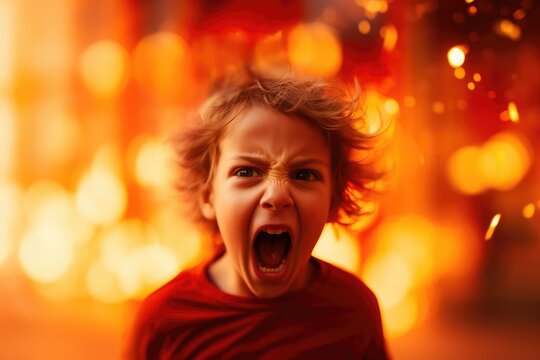 Child expressing frustration against a fiery, explosive red background - Temper tantrum - AI Generated