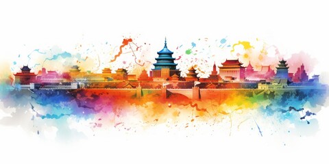 Rainbow Aquarelle Silhouette of Beijing's Iconic Cityscape, Showcasing the Great Wall, Forbidden City, and the Rich Tapestry of Chinese History
