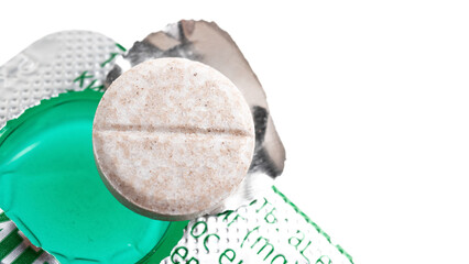 Round therapeutic pill on blister pack isolated on transparent background, medicine and healthcare...