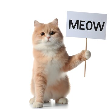 Adult cat sitting tall holding a "Meow" sign, isolated on white background