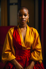 young African American woman with shaved head in bright red and yellow dress looking at camera
