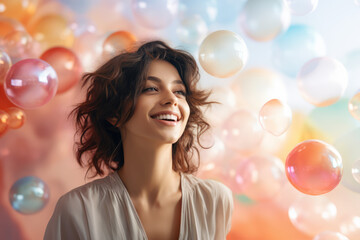 Fototapeta premium Woman Laughing Against a Soft Pastel Background - Her Laughter Forming Colorful Bubbles - Studio Concept Shot - AI Generated