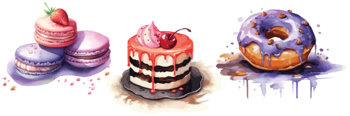 Keuken spatwand met foto Set of different type of desserts  watercolor paint. Sweet food - Macarons, cake, donut for banners, cards, flyers, social media wallpapers,  © Julija