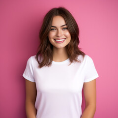Fototapeta premium Portrait of smiling woman pink background with white t-shirt.