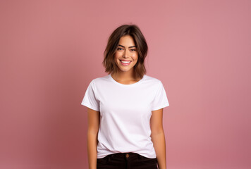 Obraz premium Portrait of smiling woman pink background with white t-shirt.