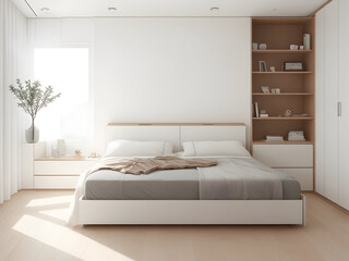 bedroom with a minimalist platform bed, storage solutions, 