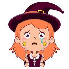 witch holding magic wand crying and scared face cartoon cute