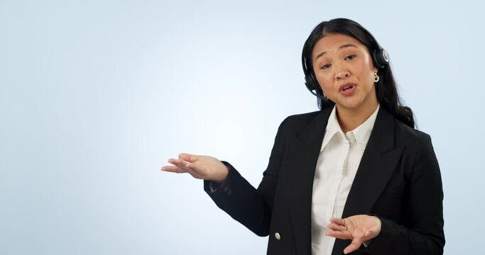 Face, pointing and woman with call center headset, telecom sales and telemarketing on studio white background. Portrait, person and hand gesture, choice and customer service with promotion or crm