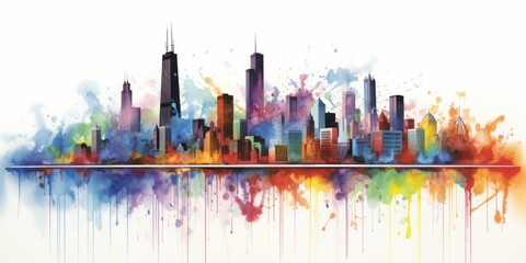 Rainbow Aquarelle Silhouette of Chicagos Iconic Cityscape, Showcasing Willis Tower, Millennium Park, and the Rich Cultural Tapestry of the Midwest - obrazy, fototapety, plakaty