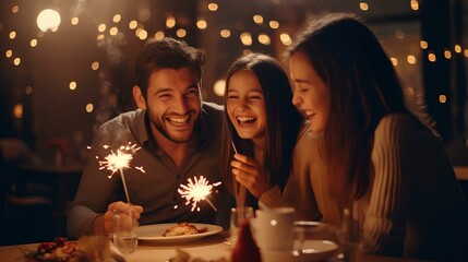 Obraz na płótnie Canvas Happy family father mother and daughter having dinner together to celebrate christmas holiday together with sparkler ai generated