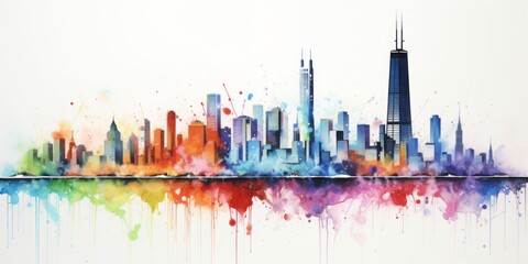 Rainbow Aquarelle Silhouette of Chicagos Iconic Cityscape, Showcasing Willis Tower, Millennium Park, and the Rich Cultural Tapestry of the Midwest - obrazy, fototapety, plakaty