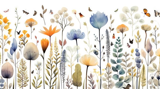 Modèle minimaliste fleurs multicolores sans couture avec feuilles, plantes et insectes. Vecteur, idéal pour les cartes postales, les affiches, la décoration. IA générative, générative, IA