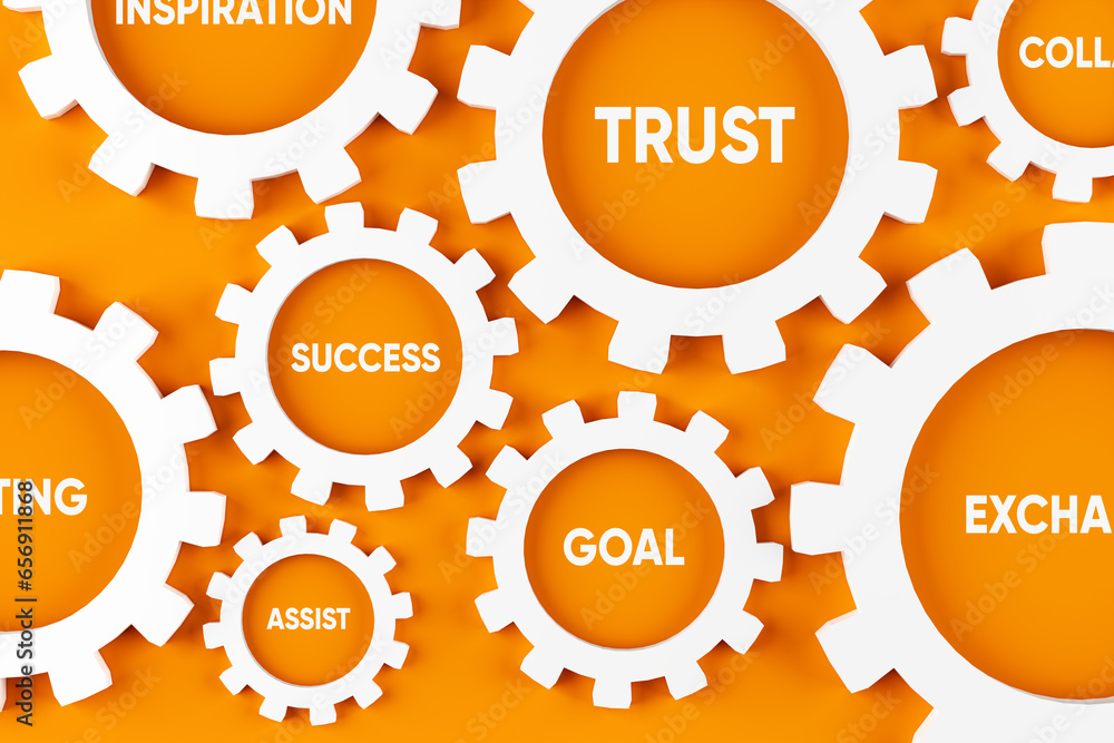 Poster core values, processes and coordination for business success. cogwheels with business concepts.