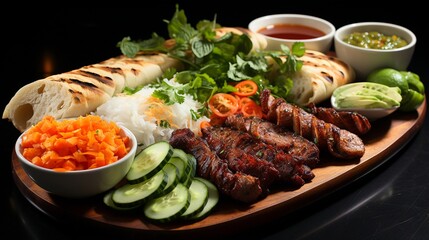 A platter of assorted Vietnamese street food, including banh mi and fresh spring rolls. - obrazy, fototapety, plakaty