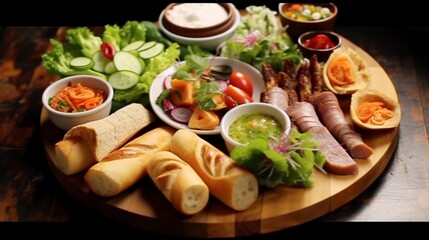 Fototapeta na wymiar A platter of assorted Vietnamese street food, including banh mi and fresh spring rolls.