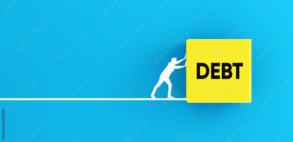 Poster burden of debt. debt load. silhouette of a man pushing the cube block with the word debt.
