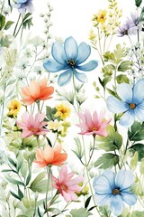 Obraz premium Modèle minimaliste fleurs multicolores sans couture avec feuilles, plantes et insectes. Vecteur, idéal pour les cartes postales, les affiches, la décoration. IA générative, générative, IA