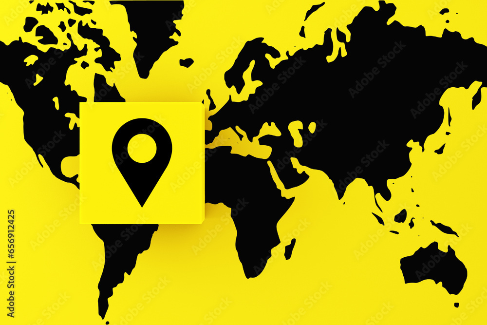 Poster navigation, travel or route destination concept. location map pin symbol on a yellow cube block on w