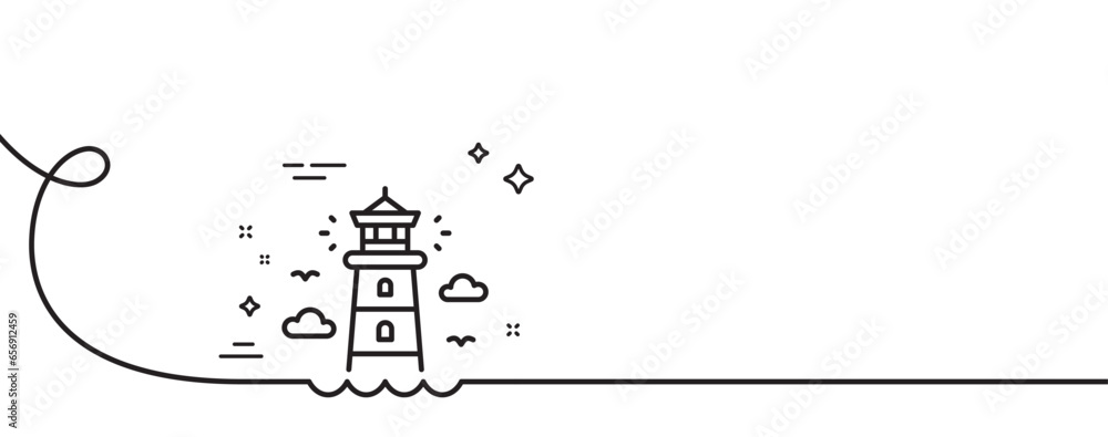 Poster lighthouse line icon. continuous one line with curl. beacon tower sign. searchlight building symbol.