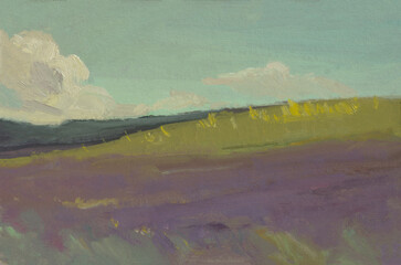 Lavender field oil painting. Beautiful illustration of a purple field. Summer landscape clouds....