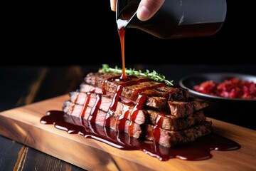 hand pouring sauce over a grilled seitan steak - obrazy, fototapety, plakaty