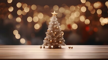 empty christmas table background with christmas tree out of focus for product display montage ai generated