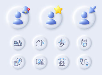 Naklejka premium Charging station, Greenhouse and Charging cable line icons. Placeholder with 3d cursor, bell, star. Pack of Loyalty star, Online shopping, Delivery truck icon. Blood donation, Jazz pictogram. Vector