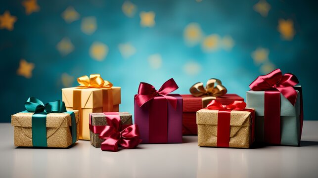 colorful gifts with a red ribbon ai generated