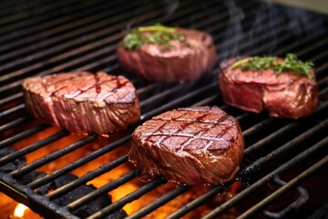 venison steaks on an electric grill with metal grate details