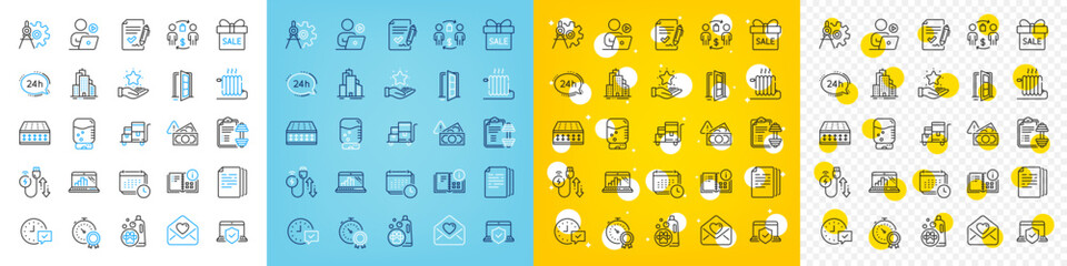 Vector icons set of Graph laptop, Open door and Select alarm line icons pack for web with Best result, Approved agreement, Copy documents outline icon. Skyscraper buildings, Radiator. Vector