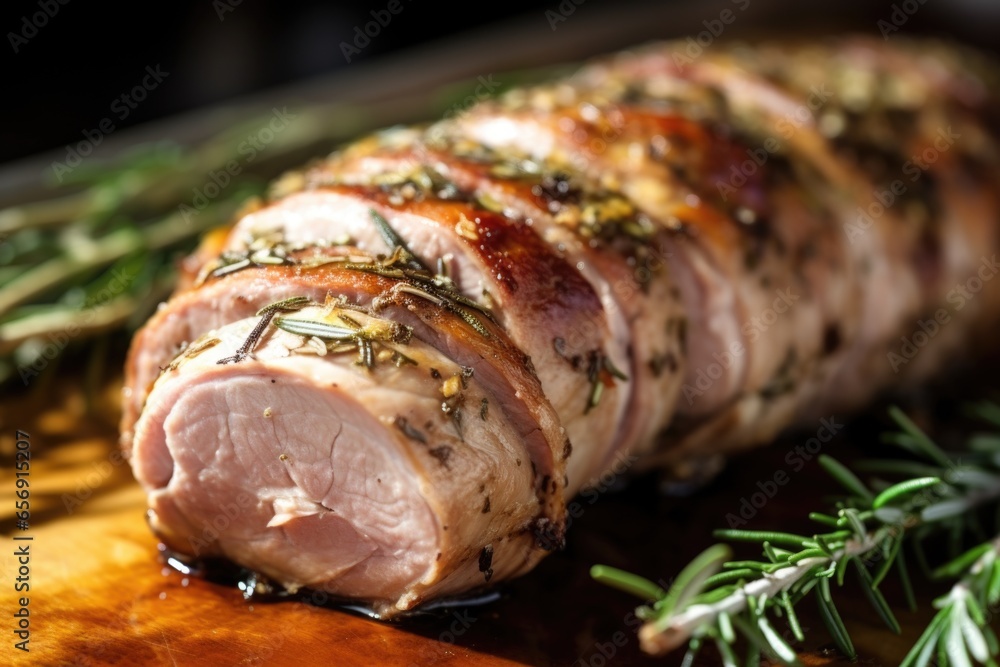 Wall mural macro image of a rotating pork loin covered with rosemary and thyme