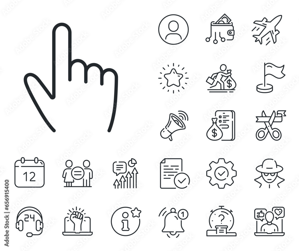 Poster click action sign. salaryman, gender equality and alert bell outline icons. hand cursor line icon. f