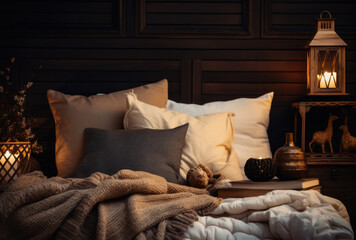Fototapeta na wymiar Cozy bedroom with stylish decor in autumnal style
