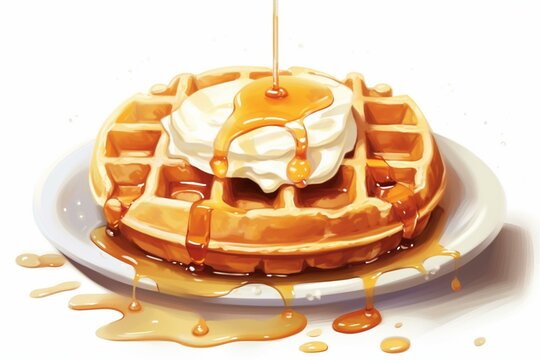 Illustration Of A Delicious Waffle Topped With Melted Butter And Drizzled With Maple Syrup. Generative AI