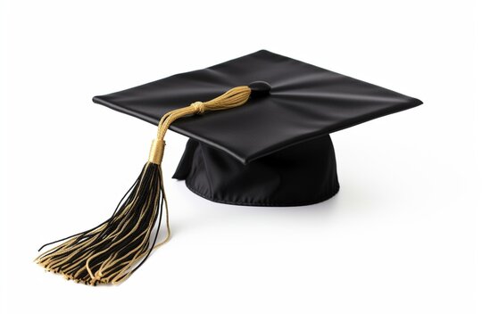 Black graduation cap with gold tassel on white background. Generative AI