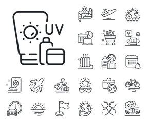 Uv Sun cream sign. Plane jet, travel map and baggage claim outline icons. Sunscreen line icon. Sunblock lotion symbol. Sunscreen line sign. Car rental, taxi transport icon. Place location. Vector