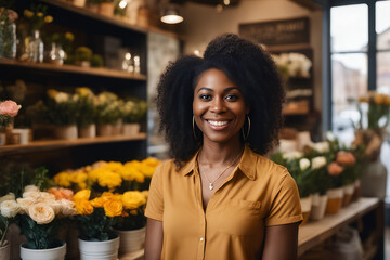Portrait of black woman standing in her flower shop. Cheerful young saleswoman is waiting for customers of the flower shop. Standing at the entrance is successful small business owner - obrazy, fototapety, plakaty