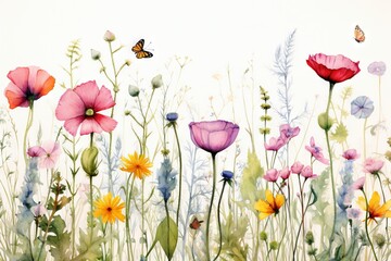 Fleurs multicolores abstraites minimalistes sans couture avec feuilles, plantes et insectes. Vecteur, idéal pour les cartes postales, les affiches, la décoration. IA générative, générative, IA